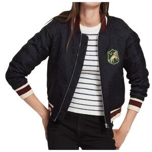 Sandro Paris Blue Black Brocade Cream Trim Lion Letterman Bomber Jacket sz 1 / S